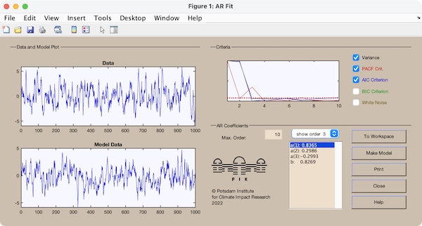 GUI showing the ARFIT tool, with two panels containing the time 
series and the modelled time series, a panel with the selection criteria, 
and a selection panel to select model order.
